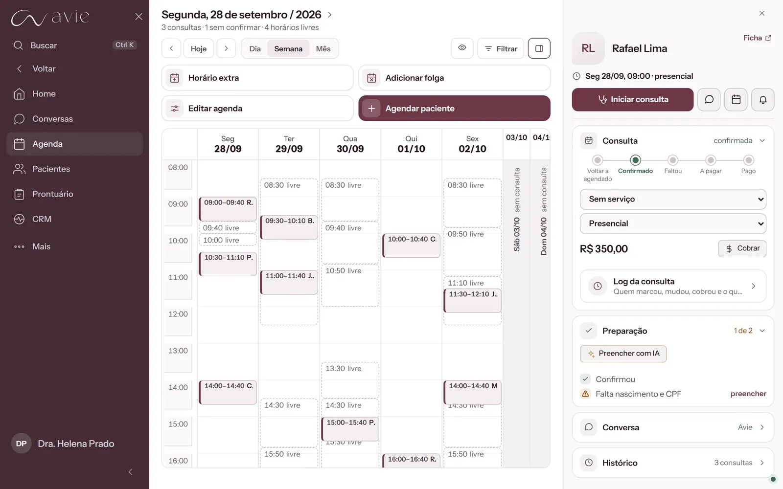 Painel da consulta no app da Avie, com as etapas até Pago e o botão Cobrar
