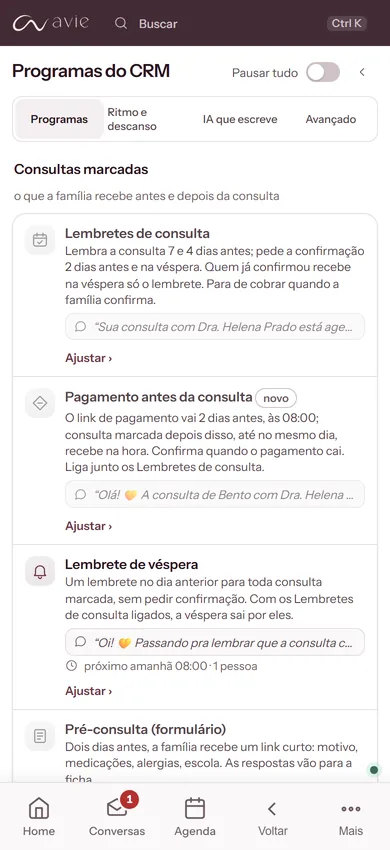Tela Programas do CRM no app da Avie, com os programas de mensagem da clínica