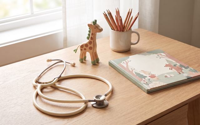 Mesa com estetoscópio, girafa de madeira e livro infantil (foto gerada por IA)