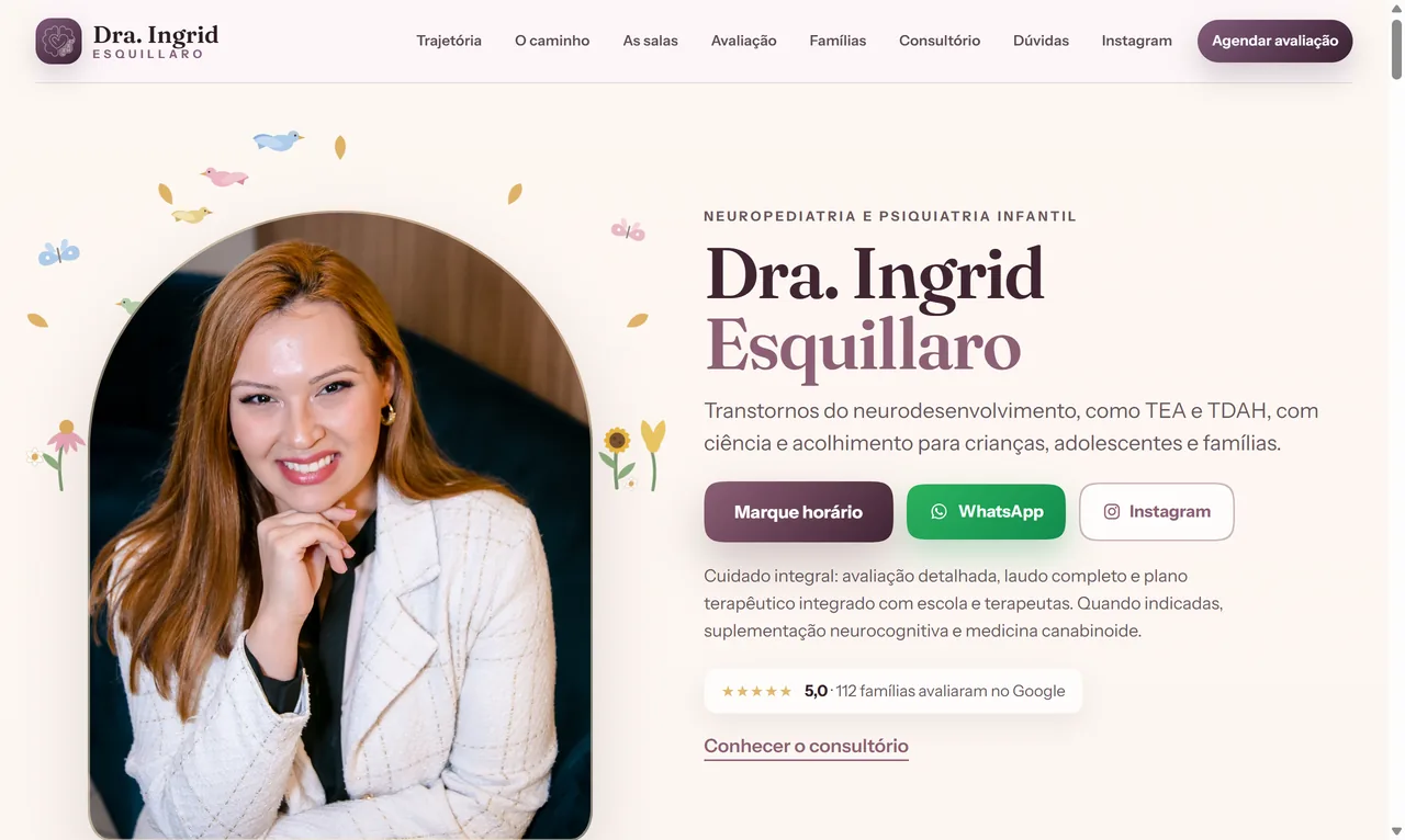 Página inicial do site da Dra. Ingrid Esquillaro, feito pela Avie: retrato em arco, botões de agendamento, WhatsApp e Instagram, e nota 5,0 no Google.